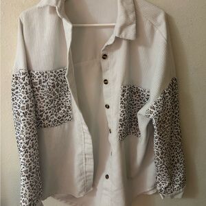 White Button-Up Shacket with Leopard Print Panels